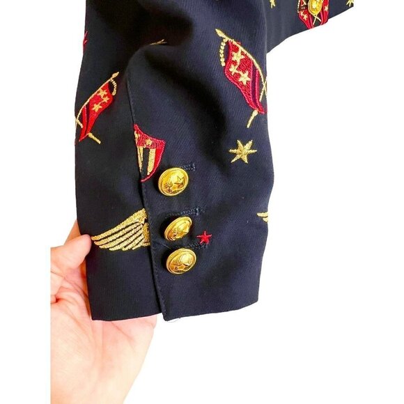 MONDI Cropped Blazer Sz 34 Germany Small Navy Blue Wings Pilot Crest 80s 90s VTG - Picture 4 of 11